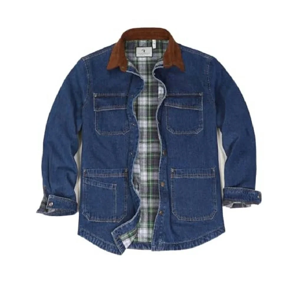 Men's Flannel Lined Denim Work Shacket Jacket, Heavy Duty Cotton
